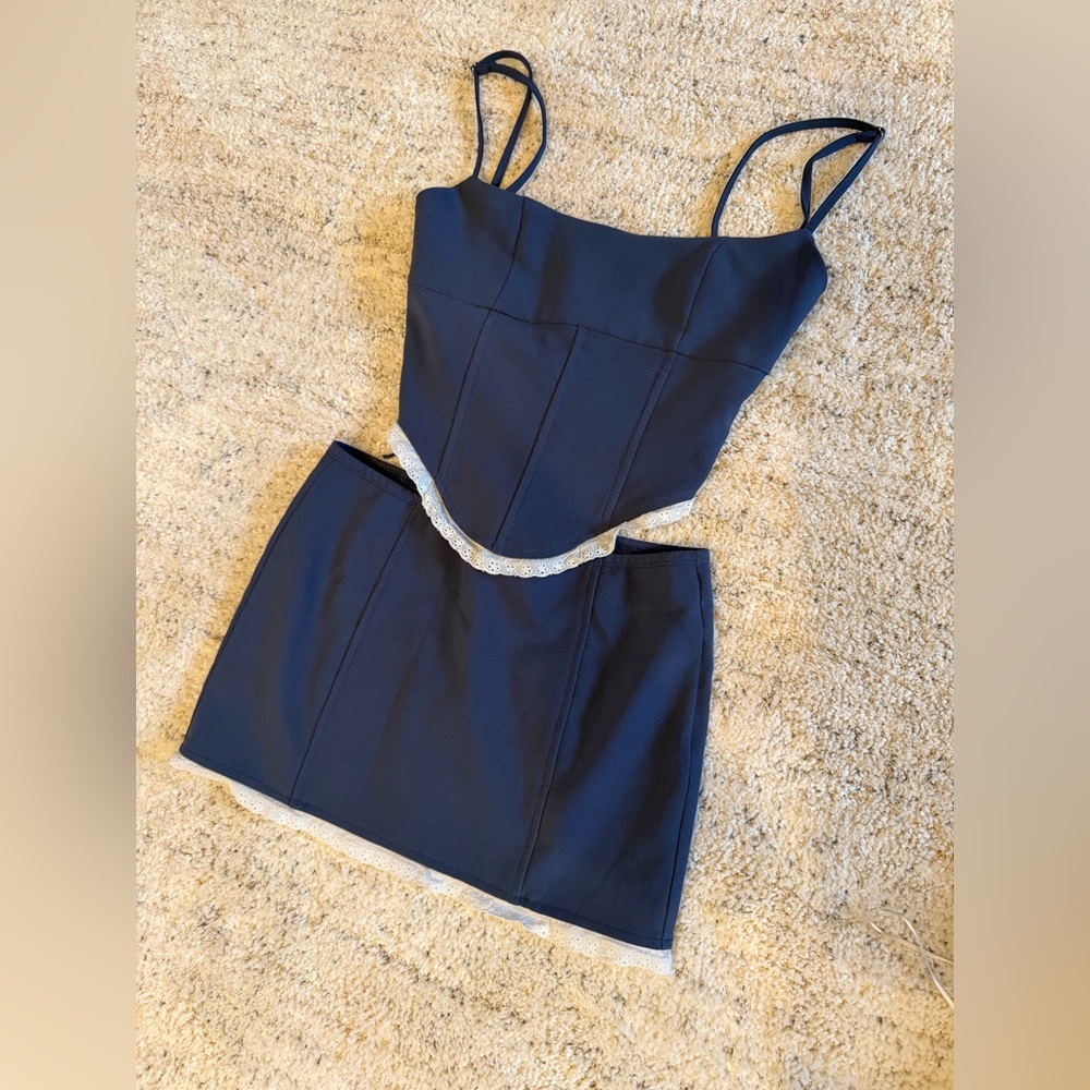 Edikted Dark Blue Skirt Set with White Trim